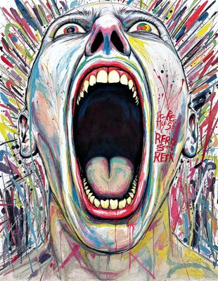 The primary subject of the image is a person with a mouth wide open, appearing to be screaming. The setting is a colorful and artistic background, which adds to the overall visual style. The colors and mood of the image are vibrant and energetic, with a strong focus on the person's expression and the dynamic nature of the scene.